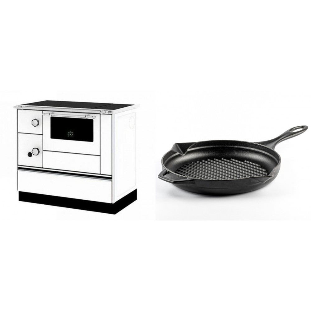 Set Küchenofen / Küchenhexe mit Backofen und Kochplatte Alfa Plam, Modell Alfa 90 H Favorit Weiß Rechts, Leistung 6.4kW + Emaillierte grillpfanne Gusseisen Solagio, Black Onyx, Ф28cm | Kaminofen - Holzofen mit Backfach | Kaminofen |