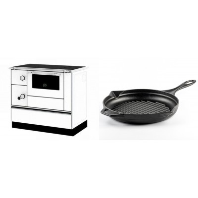 Set Küchenofen / Küchenhexe mit Backofen und Kochplatte Alfa Plam, Modell Alfa 90 H Favorit Weiß Rechts, Leistung 6.4kW + Emaillierte grillpfanne Gusseisen Solagio, Black Onyx, Ф28cm - Kaminofen - Holzofen mit Backfach