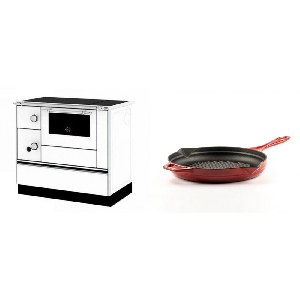 Set Küchenofen / Küchenhexe mit Backofen und Kochplatte Alfa Plam, Modell Alfa 90 H Favorit Weiß Rechts, Leistung 6.4kW + Emaillierte grillpfanne Gusseisen Solagio, Rubin, Ф24cm | Kaminofen - Holzofen mit Backfach | Kaminofen |