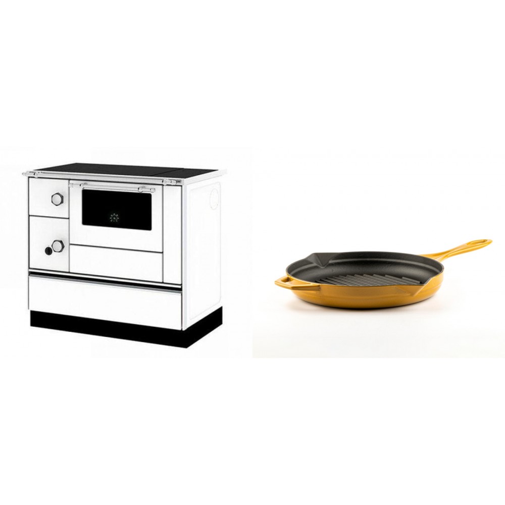 Set Küchenofen / Küchenhexe mit Backofen und Kochplatte Alfa Plam, Modell Alfa 90 H Favorit Weiß Rechts, Leistung 6.4kW + Emaillierte grillpfanne Gusseisen Solagio, Dijon, Ф24cm