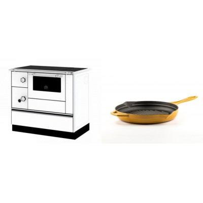 Set Küchenofen / Küchenhexe mit Backofen und Kochplatte Alfa Plam, Modell Alfa 90 H Favorit Weiß Rechts, Leistung 6.4kW + Emaillierte grillpfanne Gusseisen Solagio, Dijon, Ф24cm - Kaminofen - Holzofen mit Backfach