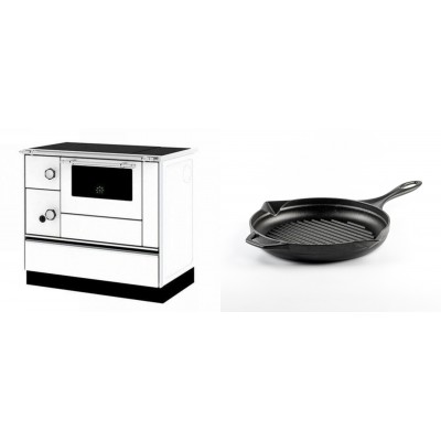 Set Küchenofen / Küchenhexe mit Backofen und Kochplatte Alfa Plam, Modell Alfa 90 H Favorit Weiß Rechts, Leistung 6.4kW + Emaillierte grillpfanne Gusseisen Solagio, Black Onyx, Ф24cm - Kaminofen - Holzofen mit Backfach