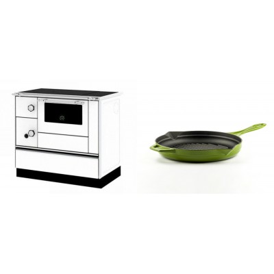 Set Küchenofen / Küchenhexe mit Backofen und Kochplatte Alfa Plam, Modell Alfa 90 H Favorit Weiß Rechts, Leistung 6.4kW + Emaillierte grillpfanne Gusseisen Solagio, Bamboo, Ф24cm - Kaminofen - Holzofen mit Backfach