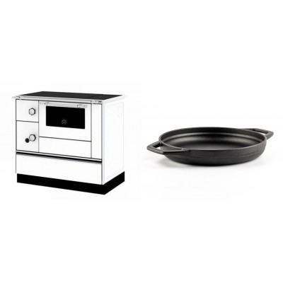 Set Küchenofen / Küchenhexe mit Backofen und Kochplatte Alfa Plam, Modell Alfa 90 H Favorit Weiß Rechts, Leistung 6.4kW + Emaillierte gusseisenpfanne mit zwei Griffen Solagio, Black Onyx, Ф22cm - Kaminofen - Holzofen mit Backfach