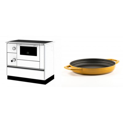 Set Küchenofen / Küchenhexe mit Backofen und Kochplatte Alfa Plam, Modell Alfa 90 H Favorit Weiß Rechts, Leistung 6.4kW + Emaillierte gusseisenpfanne mit zwei Griffen Solagio, Dijon, Ф22cm - Kaminofen - Holzofen mit Backfach