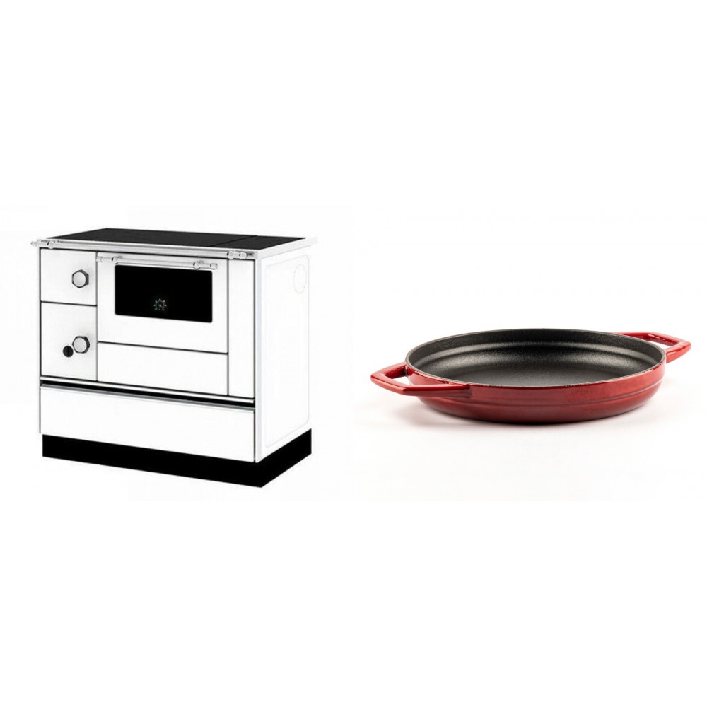 Set Küchenofen / Küchenhexe mit Backofen und Kochplatte Alfa Plam, Modell Alfa 90 H Favorit Weiß Rechts, Leistung 6.4kW + Emaillierte gusseisenpfanne mit zwei Griffen Solagio, Rubin, Ф22cm