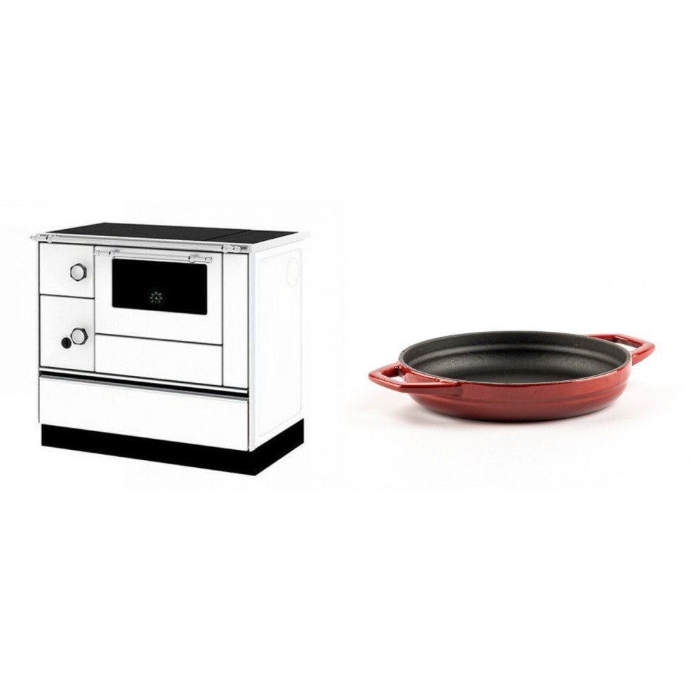 Set Küchenofen / Küchenhexe mit Backofen und Kochplatte Alfa Plam, Modell Alfa 90 H Favorit Weiß Rechts, Leistung 6.4kW + Emaillierte gusseisenpfanne mit zwei Griffen Solagio, Rubin, Ф19cm | Kaminofen - Holzofen mit Backfach | Kaminofen |