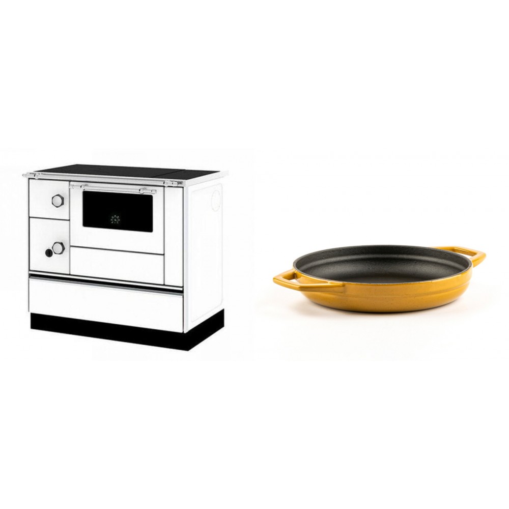 Set Küchenofen / Küchenhexe mit Backofen und Kochplatte Alfa Plam, Modell Alfa 90 H Favorit Weiß Rechts, Leistung 6.4kW + Emaillierte gusseisenpfanne mit zwei Griffen Solagio, Dijon, Ф19cm