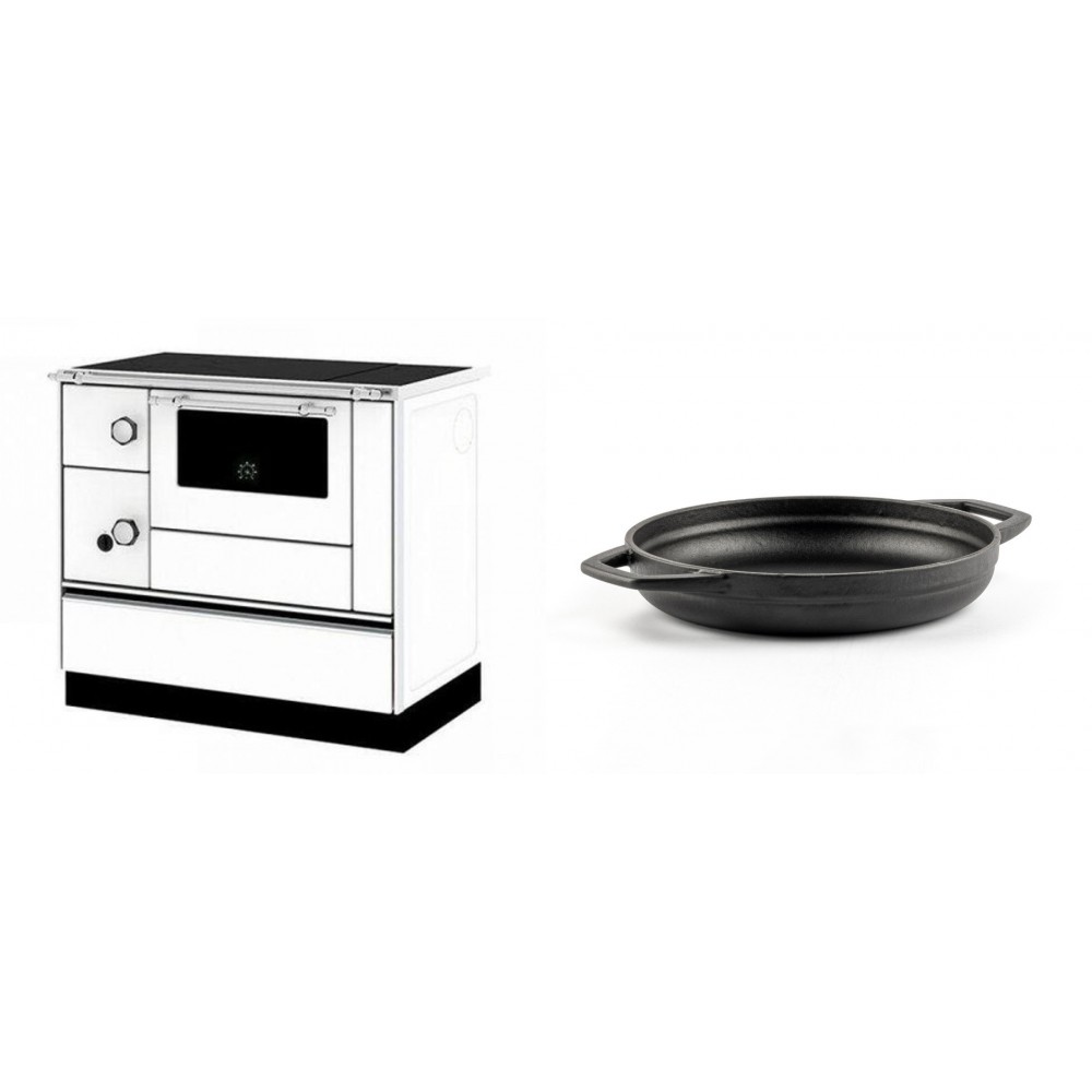 Set Küchenofen / Küchenhexe mit Backofen und Kochplatte Alfa Plam, Modell Alfa 90 H Favorit Weiß Rechts, Leistung 6.4kW + Emaillierte gusseisenpfanne mit zwei Griffen Solagio, Black Onyx, Ф19cm | Kaminofen - Holzofen mit Backfach | Kaminofen |