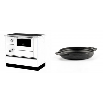 Set Küchenofen / Küchenhexe mit Backofen und Kochplatte Alfa Plam, Modell Alfa 90 H Favorit Weiß Rechts, Leistung 6.4kW + Emaillierte gusseisenpfanne mit zwei Griffen Solagio, Black Onyx, Ф19cm - Kaminofen - Holzofen mit Backfach