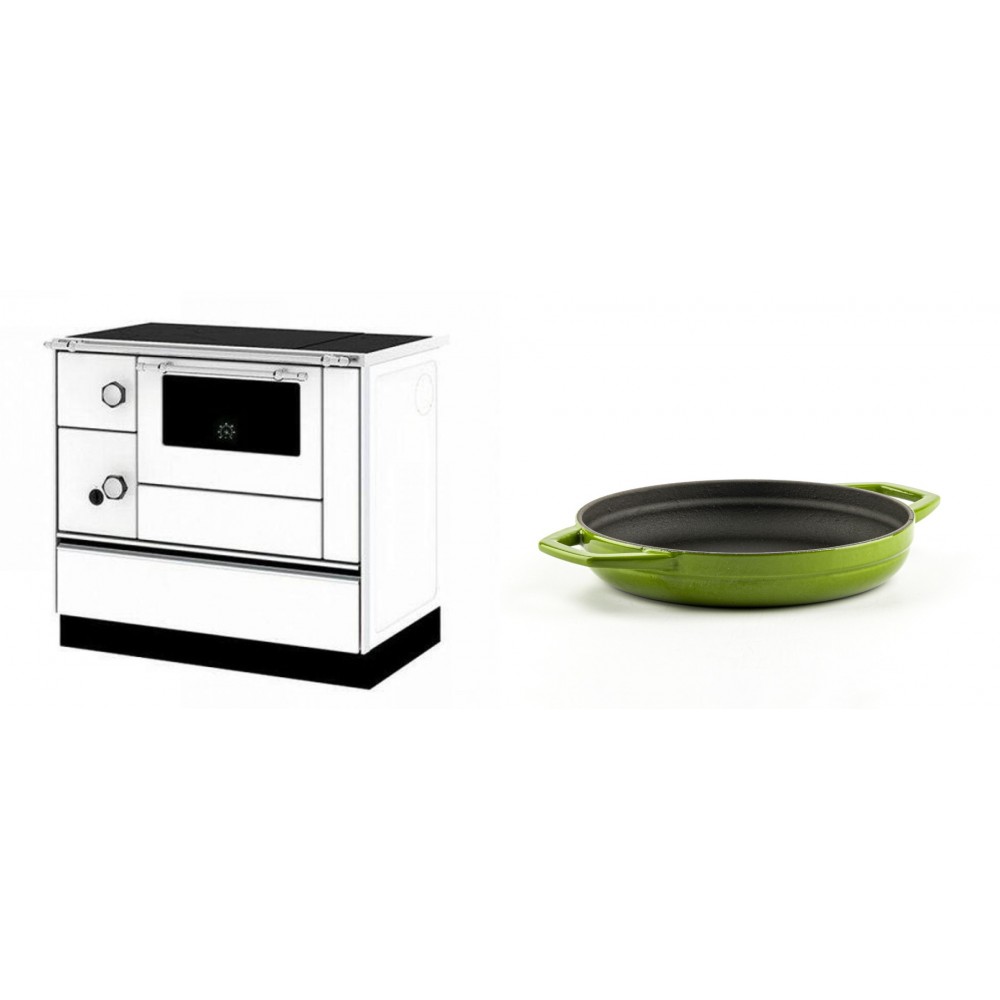 Set Küchenofen / Küchenhexe mit Backofen und Kochplatte Alfa Plam, Modell Alfa 90 H Favorit Weiß Rechts, Leistung 6.4kW + Emaillierte gusseisenpfanne mit zwei Griffen Solagio, Bamboo, Ф19cm | Kaminofen - Holzofen mit Backfach | Kaminofen |