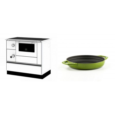 Set Küchenofen / Küchenhexe mit Backofen und Kochplatte Alfa Plam, Modell Alfa 90 H Favorit Weiß Rechts, Leistung 6.4kW + Emaillierte gusseisenpfanne mit zwei Griffen Solagio, Bamboo, Ф19cm - Kaminofen - Holzofen mit Backfach