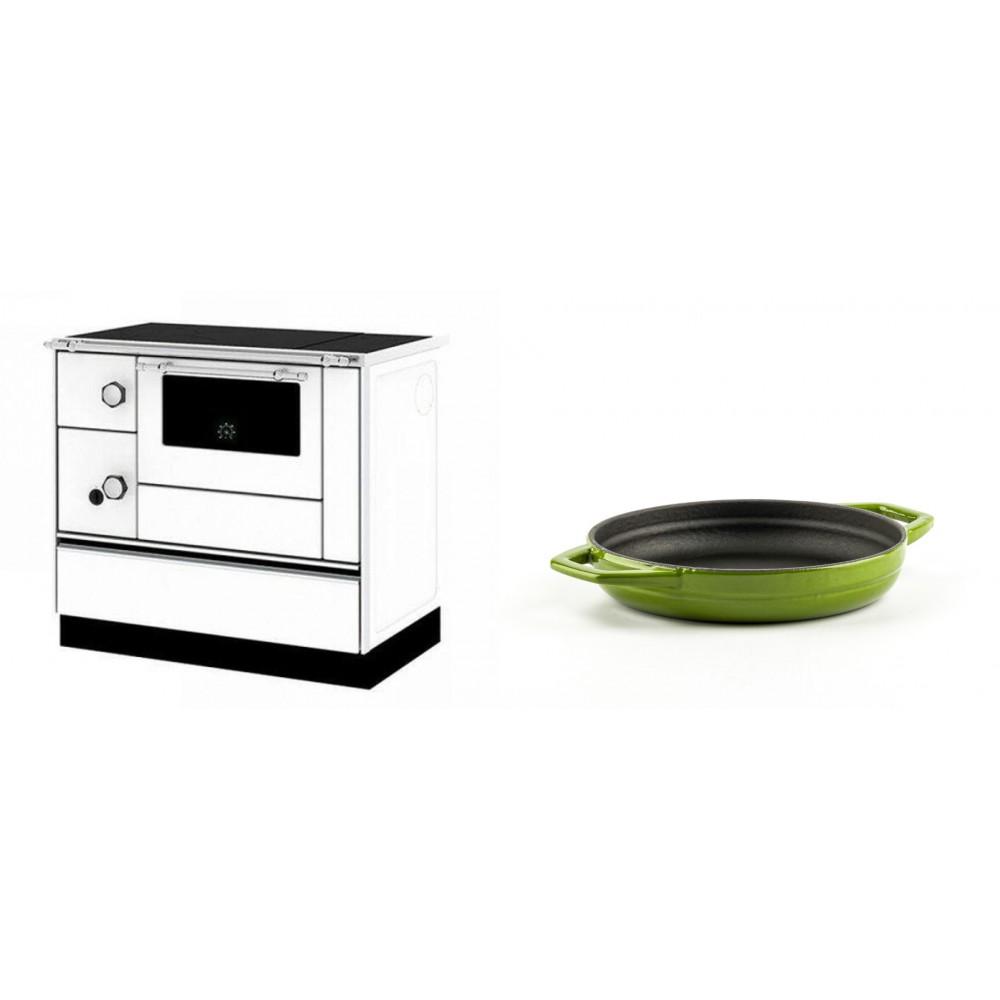 Set Küchenofen / Küchenhexe mit Backofen und Kochplatte Alfa Plam, Modell Alfa 90 H Favorit Weiß Rechts, Leistung 6.4kW + Emaillierte gusseisenpfanne mit zwei Griffen Solagio, Bamboo, Ф16cm | Kaminofen - Holzofen mit Backfach | Kaminofen |