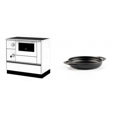 Set Küchenofen / Küchenhexe mit Backofen und Kochplatte Alfa Plam, Modell Alfa 90 H Favorit Weiß Rechts, Leistung 6.4kW + Emaillierte gusseisenpfanne mit zwei Griffen Solagio, Black Onyx, Ф16cm - Kaminofen - Holzofen mit Backfach