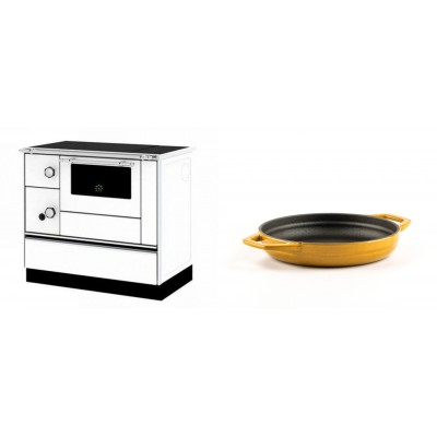 Set Küchenofen / Küchenhexe mit Backofen und Kochplatte Alfa Plam, Modell Alfa 90 H Favorit Weiß Rechts, Leistung 6.4kW + Emaillierte gusseisenpfanne mit zwei Griffen Solagio, Dijon, Ф16cm - Kaminofen - Holzofen mit Backfach