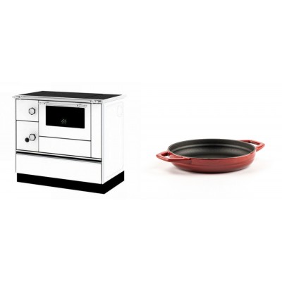 Set Küchenofen / Küchenhexe mit Backofen und Kochplatte Alfa Plam, Modell Alfa 90 H Favorit Weiß Rechts, Leistung 6.4kW + Emaillierte gusseisenpfanne mit zwei Griffen Solagio, Rubin, Ф16cm - Kaminofen - Holzofen mit Backfach
