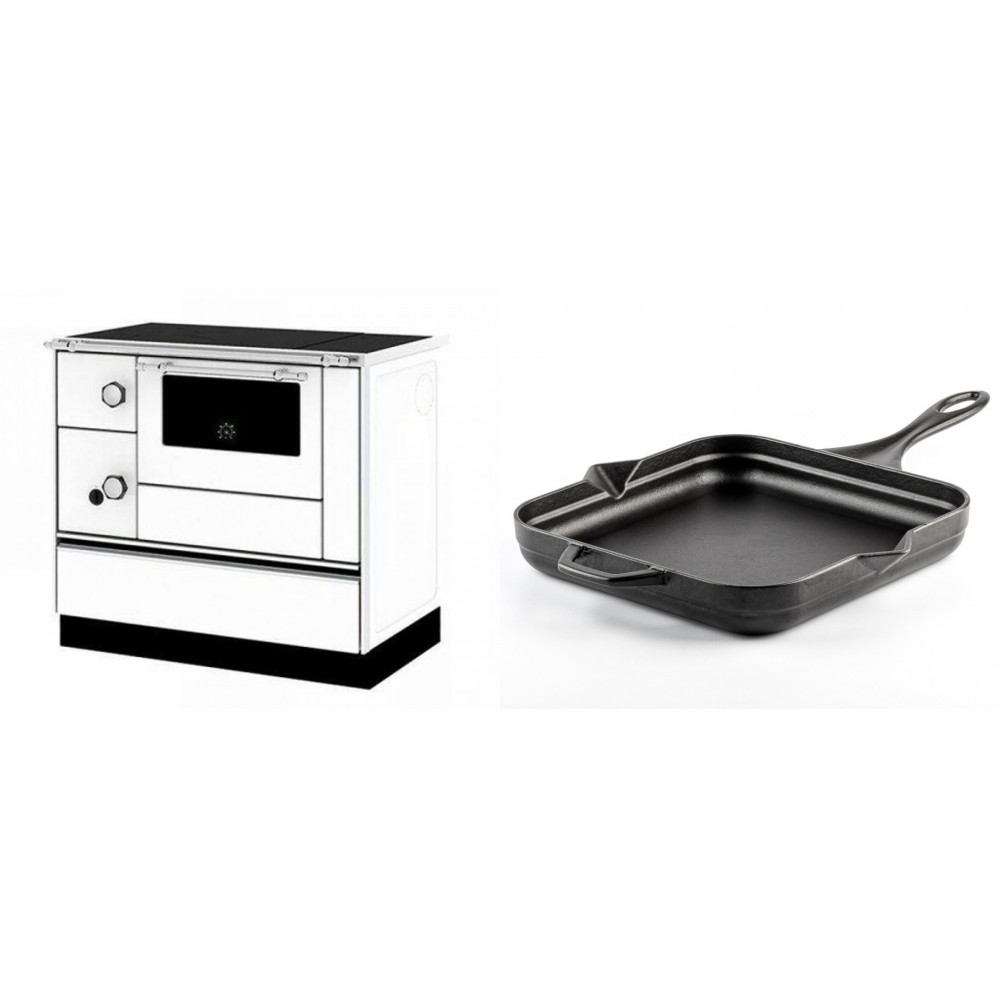 Set Küchenofen / Küchenhexe mit Backofen und Kochplatte Alfa Plam, Modell Alfa 90 H Favorit Weiß Rechts, Leistung 6.4kW + Emaillierte Gusseisenpfanne Solagio, Black Onyx, 28x28cm