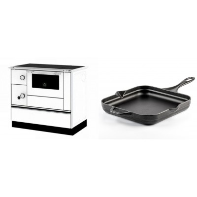 Set Küchenofen / Küchenhexe mit Backofen und Kochplatte Alfa Plam, Modell Alfa 90 H Favorit Weiß Rechts, Leistung 6.4kW + Emaillierte Gusseisenpfanne Solagio, Black Onyx, 28x28cm - Kaminofen - Holzofen mit Backfach