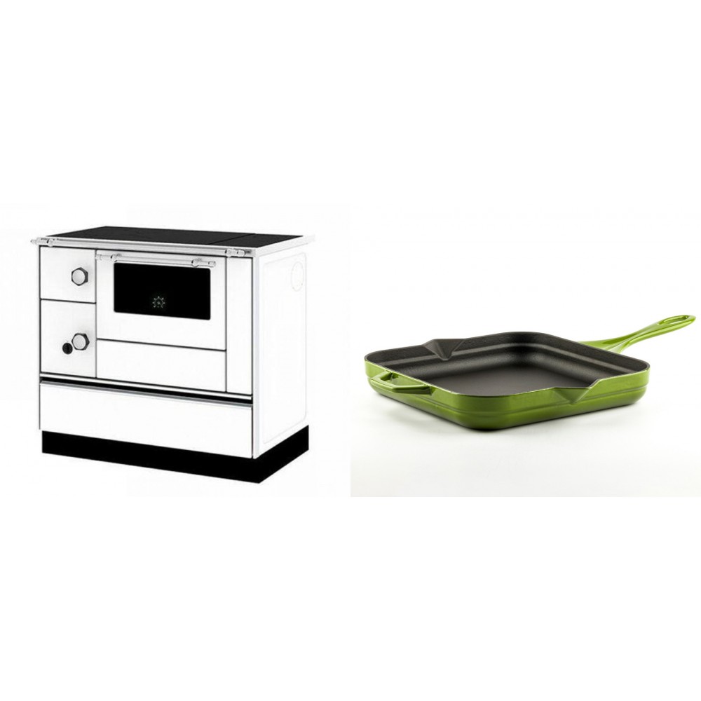 Set Küchenofen / Küchenhexe mit Backofen und Kochplatte Alfa Plam, Modell Alfa 90 H Favorit Weiß Rechts, Leistung 6.4kW + Emaillierte Gusseisenpfanne Solagio, Bamboo, 28x28cm