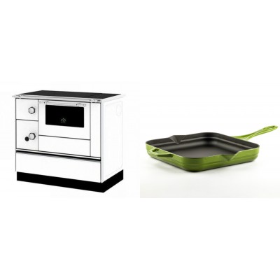 Set Küchenofen / Küchenhexe mit Backofen und Kochplatte Alfa Plam, Modell Alfa 90 H Favorit Weiß Rechts, Leistung 6.4kW + Emaillierte Gusseisenpfanne Solagio, Bamboo, 28x28cm - Kaminofen - Holzofen mit Backfach