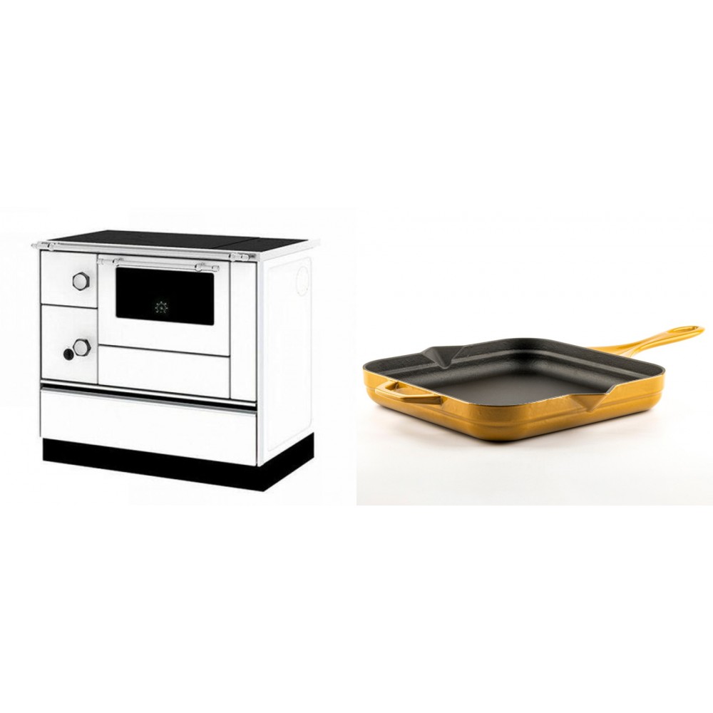 Set Küchenofen / Küchenhexe mit Backofen und Kochplatte Alfa Plam, Modell Alfa 90 H Favorit Weiß Rechts, Leistung 6.4kW + Emaillierte Gusseisenpfanne Solagio, Dijon, 28x28cm | Kaminofen - Holzofen mit Backfach | Kaminofen |