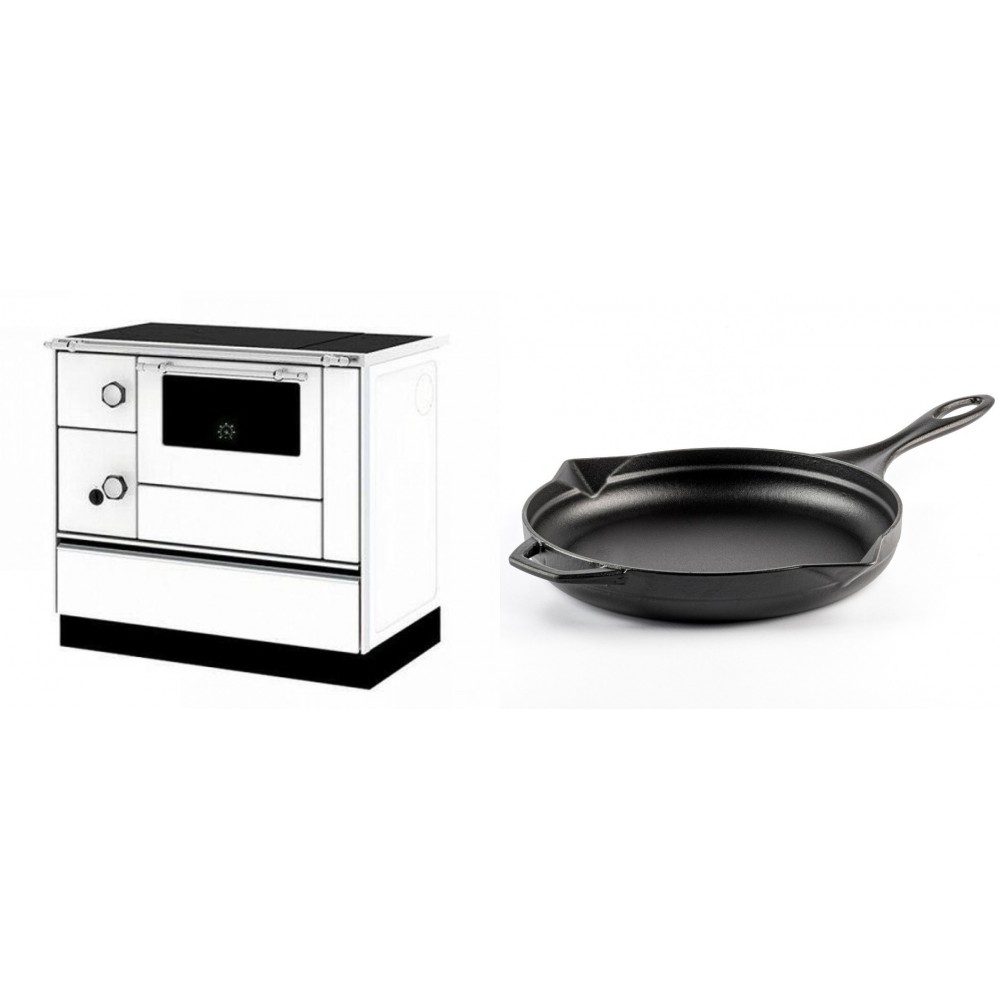 Set Küchenofen / Küchenhexe mit Backofen und Kochplatte Alfa Plam, Modell Alfa 90 H Favorit Weiß Rechts, Leistung 6.4kW + Emaillierte Gusseisenpfanne Solagio, Black Onyx, Ф28cm | Kaminofen - Holzofen mit Backfach | Kaminofen |