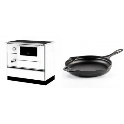 Set Küchenofen / Küchenhexe mit Backofen und Kochplatte Alfa Plam, Modell Alfa 90 H Favorit Weiß Rechts, Leistung 6.4kW + Emaillierte Gusseisenpfanne Solagio, Black Onyx, Ф28cm - Kaminofen - Holzofen mit Backfach