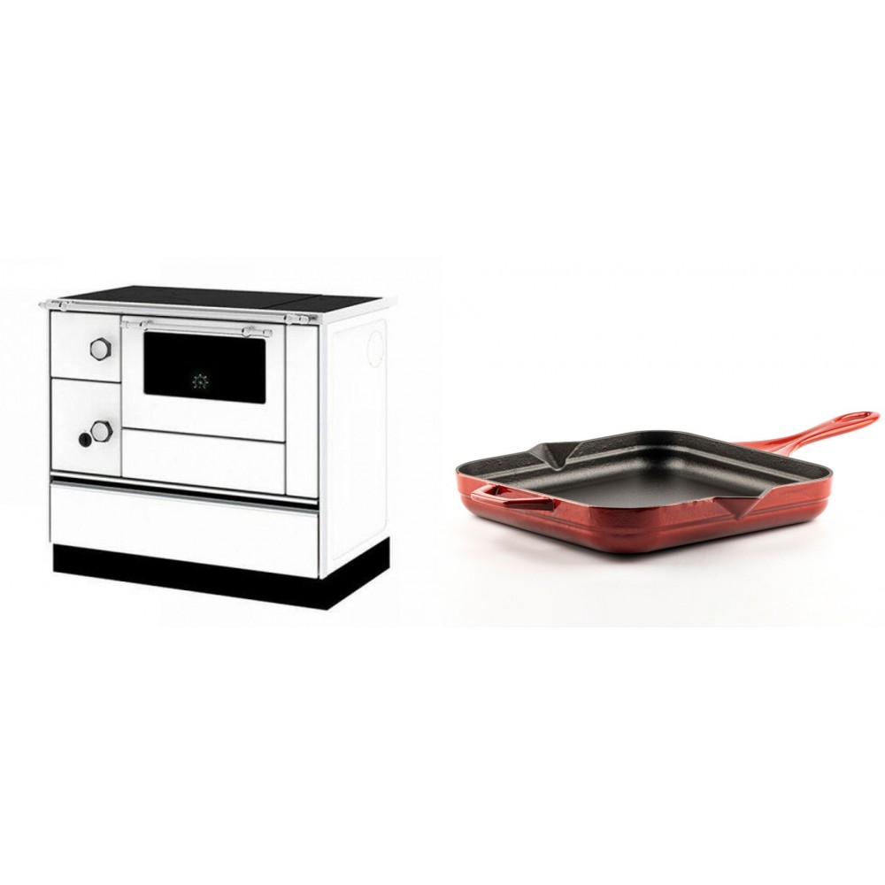 Set Küchenofen / Küchenhexe mit Backofen und Kochplatte Alfa Plam, Modell Alfa 90 H Favorit Weiß Rechts, Leistung 6.4kW + Emaillierte Gusseisenpfanne Solagio, Rubin, 28x28cm
