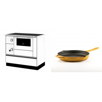 Set Küchenofen / Küchenhexe mit Backofen und Kochplatte Alfa Plam, Modell Alfa 90 H Favorit Weiß Rechts, Leistung 6.4kW + Emaillierte Gusseisenpfanne Solagio, Dijon, Ф24cm - Kaminofen - Holzofen mit Backfach
