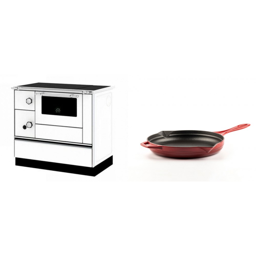 Set Küchenofen / Küchenhexe mit Backofen und Kochplatte Alfa Plam, Modell Alfa 90 H Favorit Weiß Rechts, Leistung 6.4kW + Emaillierte Gusseisenpfanne Solagio, Rubin, Ф24cm | Kaminofen - Holzofen mit Backfach | Kaminofen |