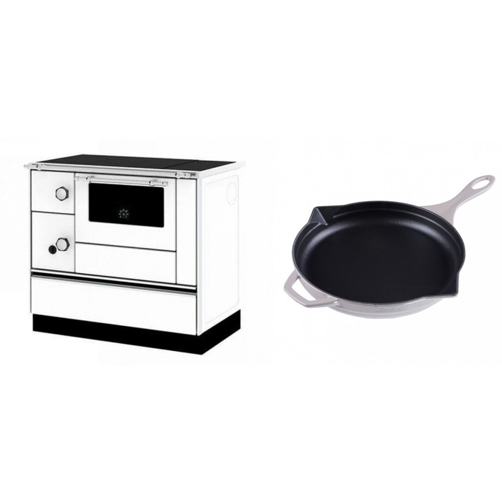 Set Küchenofen / Küchenhexe mit Backofen und Kochplatte Alfa Plam, Modell Alfa 90 H Favorit Weiß Rechts, Leistung 6.4kW + Emaillierte Gusseisenpfanne Solagio, Ivory, Ф28cm