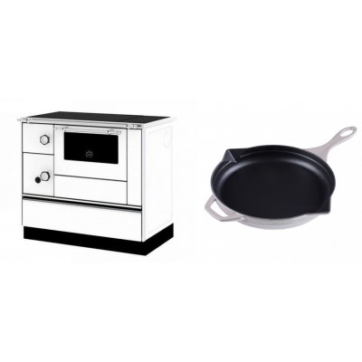 Set Küchenofen / Küchenhexe mit Backofen und Kochplatte Alfa Plam, Modell Alfa 90 H Favorit Weiß Rechts, Leistung 6.4kW + Emaillierte Gusseisenpfanne Solagio, Ivory, Ф28cm - Kaminofen - Holzofen mit Backfach