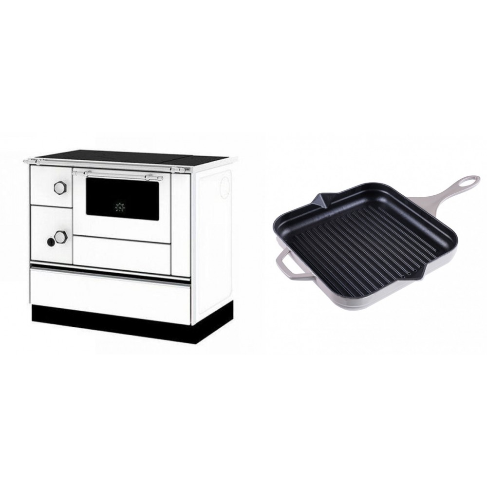 Set Küchenofen / Küchenhexe mit Backofen und Kochplatte Alfa Plam, Modell Alfa 90 H Favorit Weiß Rechts, Leistung 6.4kW + Emaillierte grillpfanne Gusseisen Solagio, Ivory, 28x28cm | Kaminofen - Holzofen mit Backfach | Kaminofen |