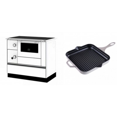 Set Küchenofen / Küchenhexe mit Backofen und Kochplatte Alfa Plam, Modell Alfa 90 H Favorit Weiß Rechts, Leistung 6.4kW + Emaillierte grillpfanne Gusseisen Solagio, Ivory, 28x28cm - Kaminofen - Holzofen mit Backfach