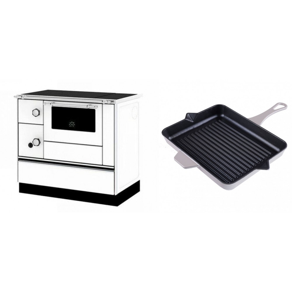 Set Küchenofen / Küchenhexe mit Backofen und Kochplatte Alfa Plam, Modell Alfa 90 H Favorit Weiß Rechts, Leistung 6.4kW + Emaillierte grillpfanne Gusseisen Solagio, Ivory, 26x32cm