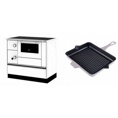 Set Küchenofen / Küchenhexe mit Backofen und Kochplatte Alfa Plam, Modell Alfa 90 H Favorit Weiß Rechts, Leistung 6.4kW + Emaillierte grillpfanne Gusseisen Solagio, Ivory, 26x32cm - Kaminofen - Holzofen mit Backfach