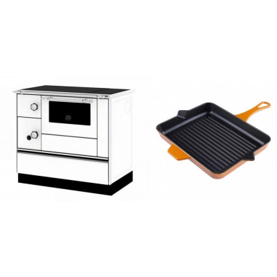 Set Küchenofen / Küchenhexe mit Backofen und Kochplatte Alfa Plam, Modell Alfa 90 H Favorit Weiß Rechts, Leistung 6.4kW + Emaillierte grillpfanne Gusseisen Solagio, Dijon, 26x32cm - Kaminofen - Holzofen mit Backfach