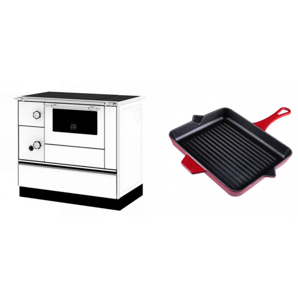 Set Küchenofen / Küchenhexe mit Backofen und Kochplatte Alfa Plam, Modell Alfa 90 H Favorit Weiß Rechts, Leistung 6.4kW + Emaillierte grillpfanne Gusseisen Solagio, Rubin, 26x32cm