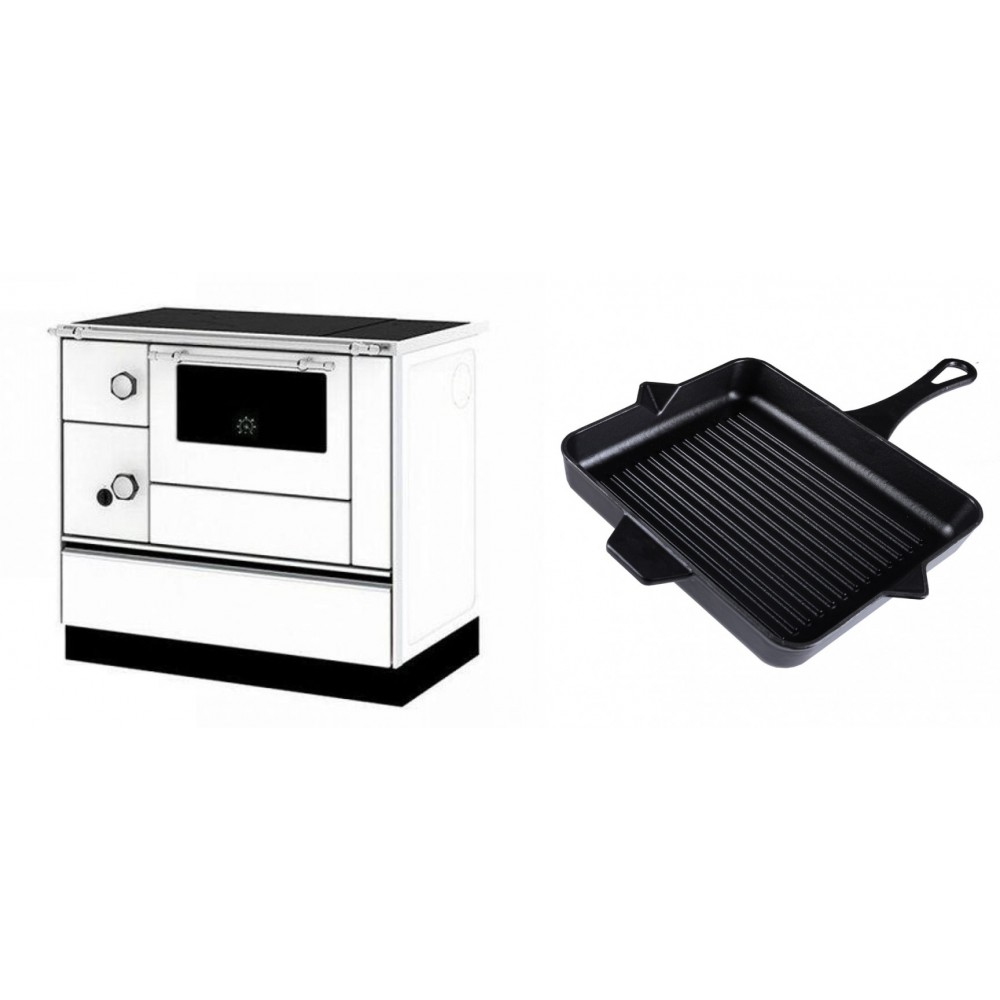 Set Küchenofen / Küchenhexe mit Backofen und Kochplatte Alfa Plam, Modell Alfa 90 H Favorit Weiß Rechts, Leistung 6.4kW + Emaillierte grillpfanne Gusseisen Solagio, Black Onyx, 26x32cm | Kaminofen - Holzofen mit Backfach | Kaminofen |