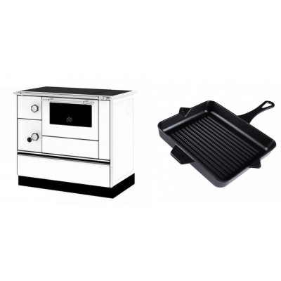 Set Küchenofen / Küchenhexe mit Backofen und Kochplatte Alfa Plam, Modell Alfa 90 H Favorit Weiß Rechts, Leistung 6.4kW + Emaillierte grillpfanne Gusseisen Solagio, Black Onyx, 26x32cm - Kaminofen - Holzofen mit Backfach