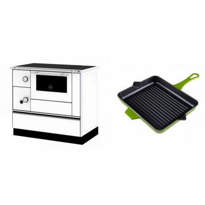 Set Küchenofen / Küchenhexe mit Backofen und Kochplatte Alfa Plam, Modell Alfa 90 H Favorit Weiß Rechts, Leistung 6.4kW + Emaillierte grillpfanne Gusseisen Solagio, Bamboo, 26x32cm - Kaminofen - Holzofen mit Backfach
