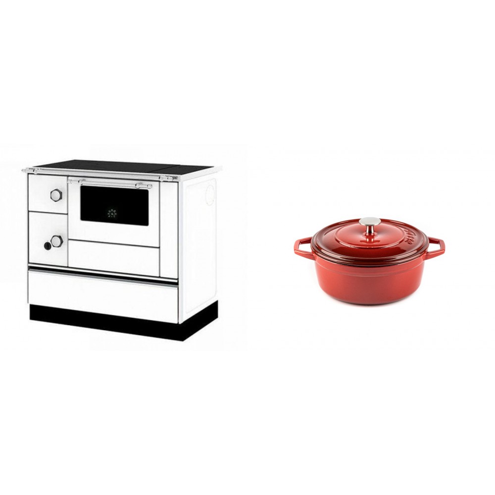 Set Küchenofen / Küchenhexe mit Backofen und Kochplatte Alfa Plam, Modell Alfa 90 H Favorit Weiß Rechts, Leistung 6.4kW + Gusseisen Topf Tiefer Solagio, Rubin, Ф12 | Kaminofen - Holzofen mit Backfach | Kaminofen |