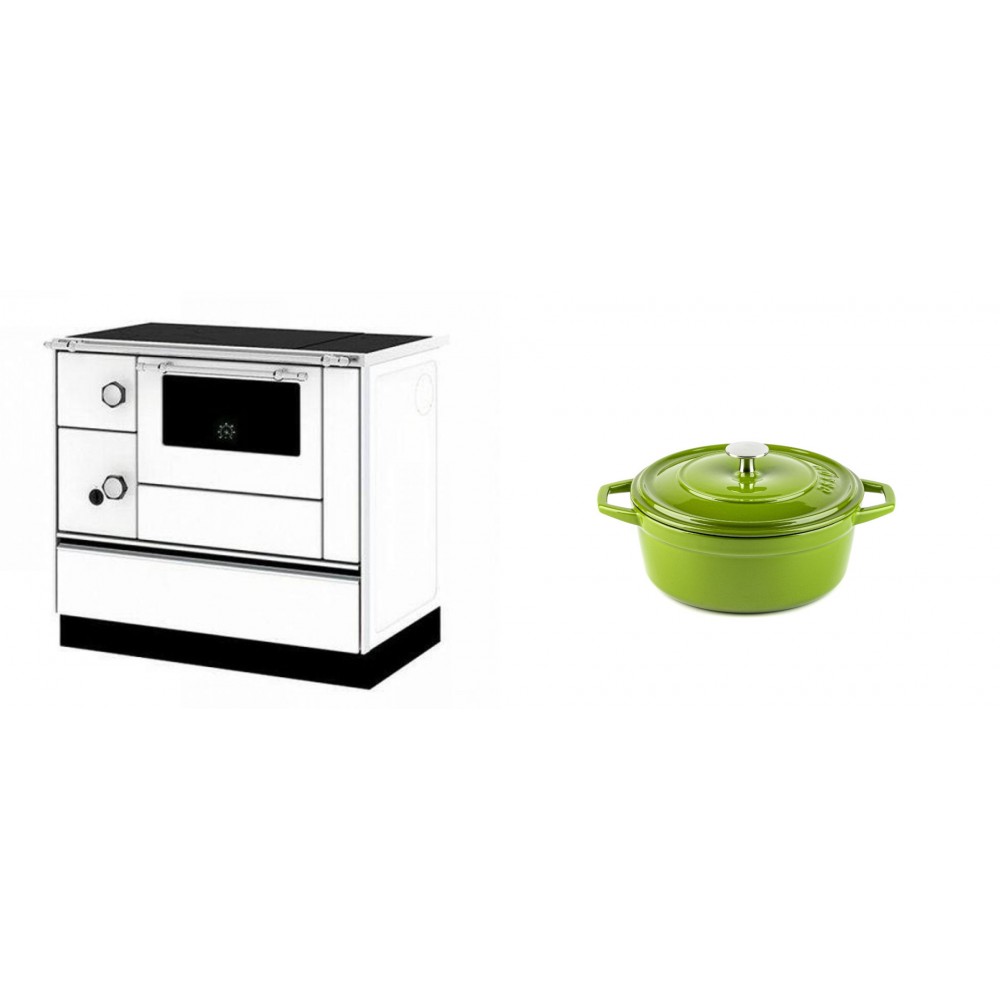 Set Küchenofen / Küchenhexe mit Backofen und Kochplatte Alfa Plam, Modell Alfa 90 H Favorit Weiß Rechts, Leistung 6.4kW + Gusseisen Topf Tiefer Solagio, Bamboo, Ф12 | Kaminofen - Holzofen mit Backfach | Kaminofen |