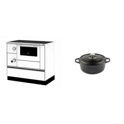 Set Küchenofen / Küchenhexe mit Backofen und Kochplatte Alfa Plam, Modell Alfa 90 H Favorit Weiß Rechts, Leistung 6.4kW + Gusseisen Topf Tiefer Solagio, Black Onyx, Ф12 - Kaminofen - Holzofen mit Backfach