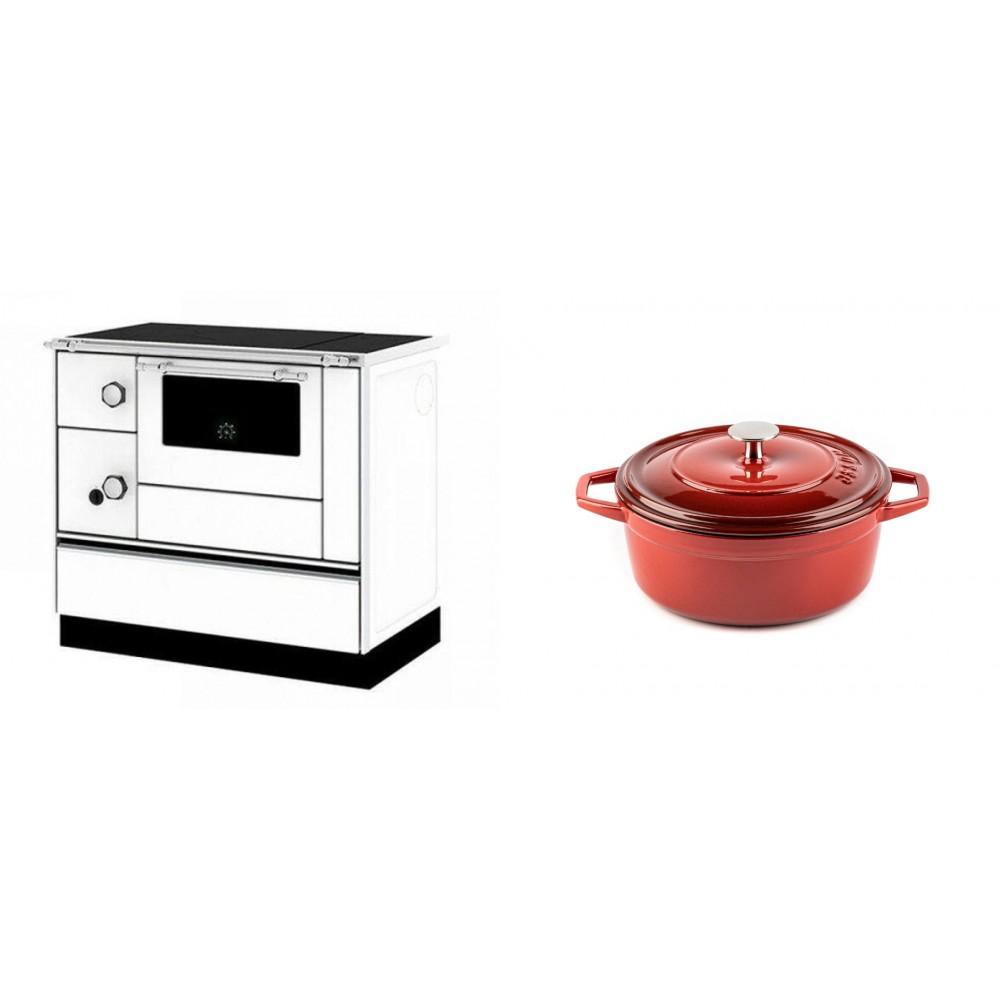 Set Küchenofen / Küchenhexe mit Backofen und Kochplatte Alfa Plam, Modell Alfa 90 H Favorit Weiß Rechts, Leistung 6.4kW + Gusseisen Topf Tiefer Solagio, Rubin, Ф20 | Kaminofen - Holzofen mit Backfach | Kaminofen |