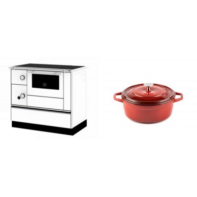 Set Küchenofen / Küchenhexe mit Backofen und Kochplatte Alfa Plam, Modell Alfa 90 H Favorit Weiß Rechts, Leistung 6.4kW + Gusseisen Topf Tiefer Solagio, Rubin, Ф20 - Kaminofen - Holzofen mit Backfach