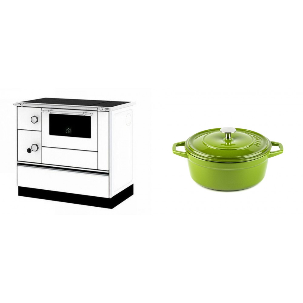 Set Küchenofen / Küchenhexe mit Backofen und Kochplatte Alfa Plam, Modell Alfa 90 H Favorit Weiß Rechts, Leistung 6.4kW + Gusseisen Topf Tiefer Solagio, Bamboo, Ф20