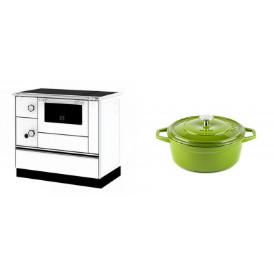 Set Küchenofen / Küchenhexe mit Backofen und Kochplatte Alfa Plam, Modell Alfa 90 H Favorit Weiß Rechts, Leistung 6.4kW + Gusseisen Topf Tiefer Solagio, Bamboo, Ф20 - Kaminofen - Holzofen mit Backfach