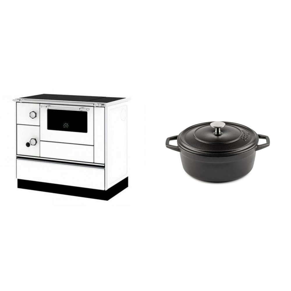 Set Küchenofen / Küchenhexe mit Backofen und Kochplatte Alfa Plam, Modell Alfa 90 H Favorit Weiß Rechts, Leistung 6.4kW + Gusseisen Topf Tiefer Solagio, Black Onyx, Ф20 | Kaminofen - Holzofen mit Backfach | Kaminofen |