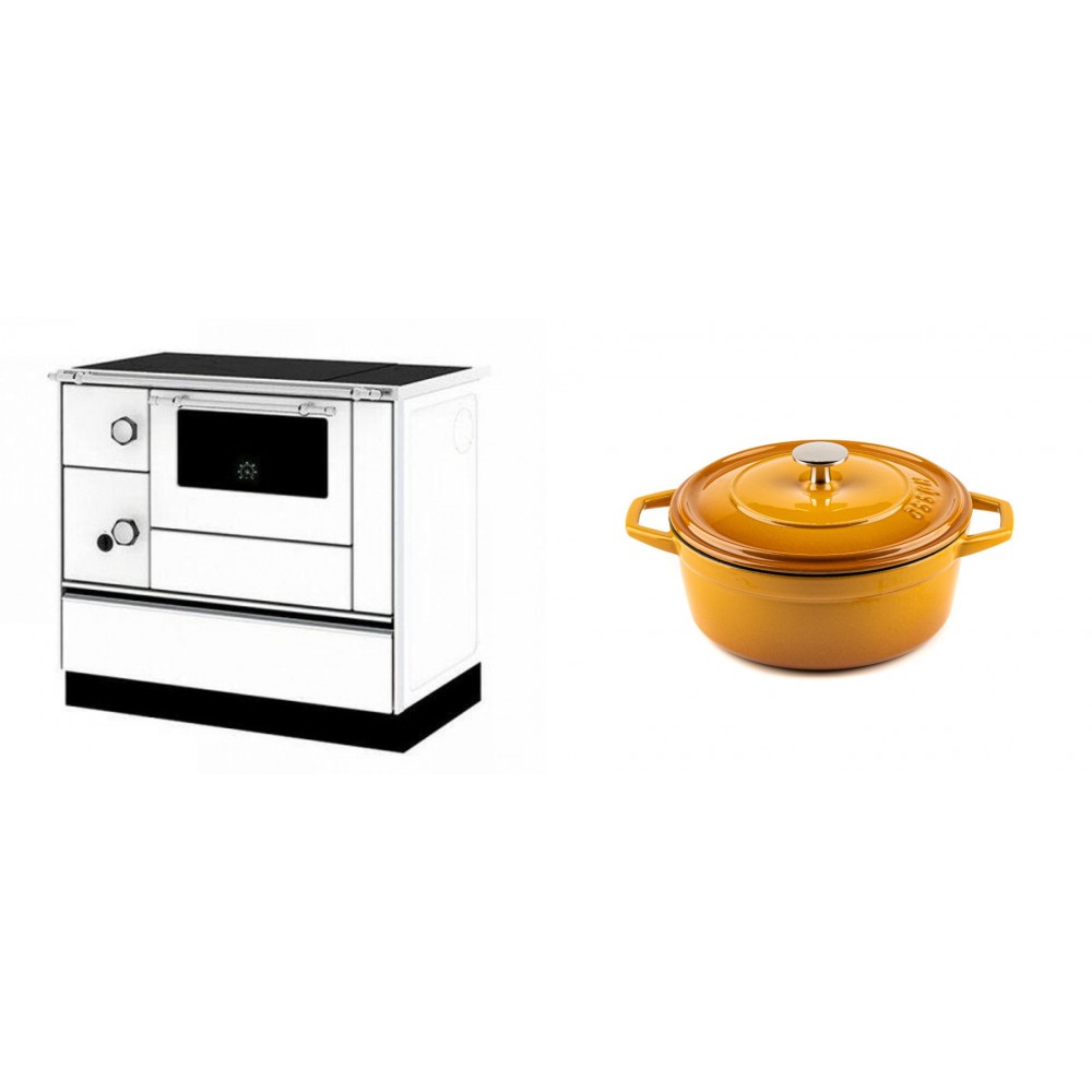 Set Küchenofen / Küchenhexe mit Backofen und Kochplatte Alfa Plam, Modell Alfa 90 H Favorit Weiß Rechts, Leistung 6.4kW + Gusseisen Topf Tiefer Solagio, Dijon, Ф20 | Kaminofen - Holzofen mit Backfach | Kaminofen |